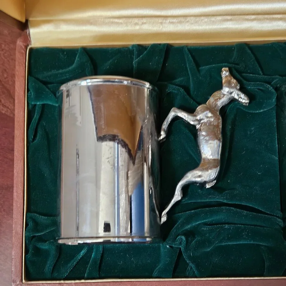2 LUXURY VINTAGE RARE ESTATE GUCCI TANKARD SILVER PLATE DEER BEER STEIN CUP MUG